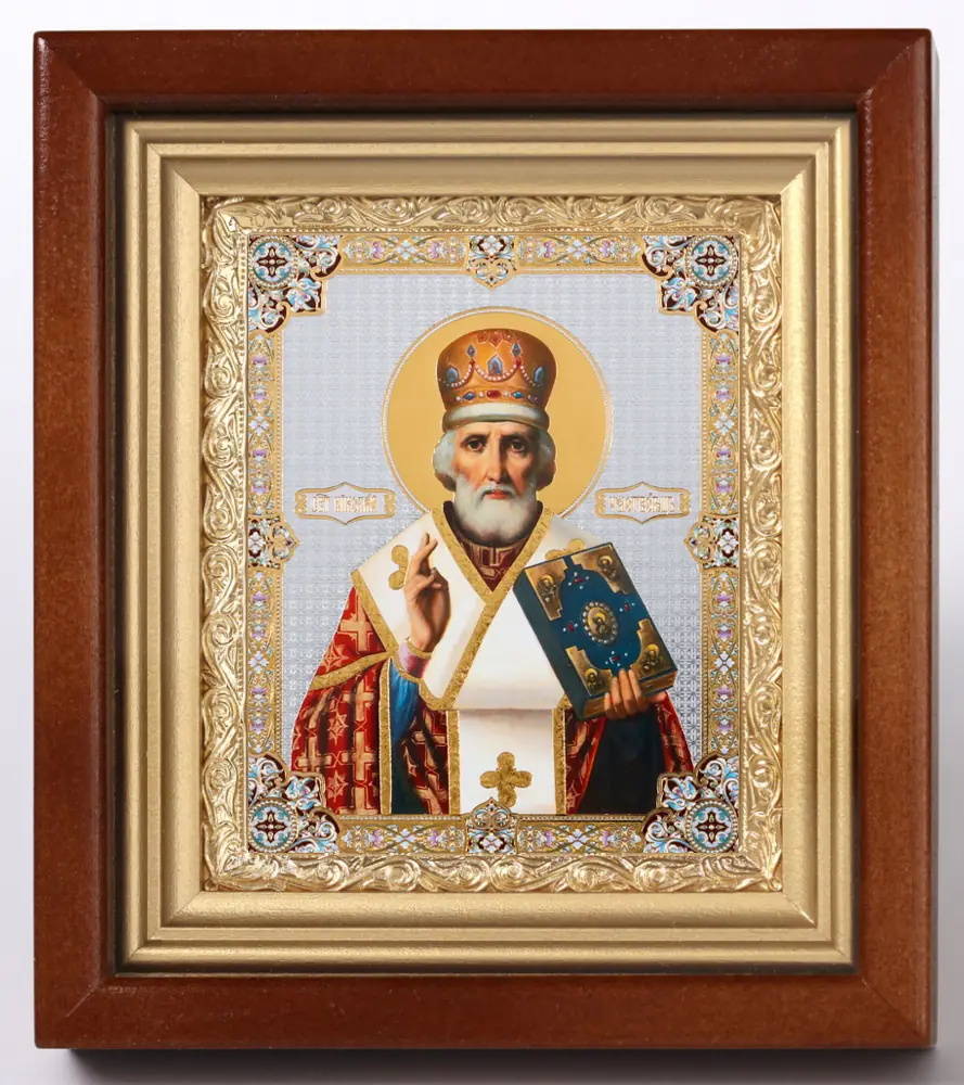 Icon in icon case 11×13 complex, double embossing, gilded frame Nicholas the Wonderworker 14