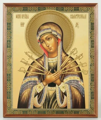 Icon in wooden frame №1 30×40 double embossing, packaging Seven Arrows Mother of God 01