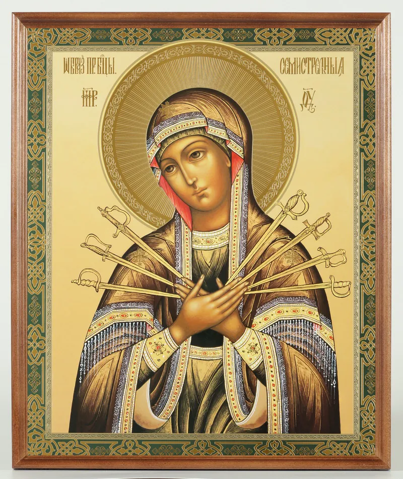 Icon in wooden frame №1 30×40 double embossing, packaging Seven Arrows Mother of God 01