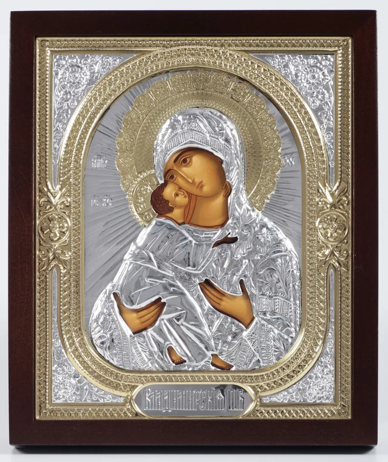 Icon in icon case 18×24 shaped №2 tempera, without stretcher, 3D riza №1 Vladimir Mother of God