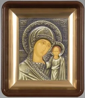 Icon in plastic frame icon case 11×13 brass-plated stretcher patinated riza Kazan Mother of God