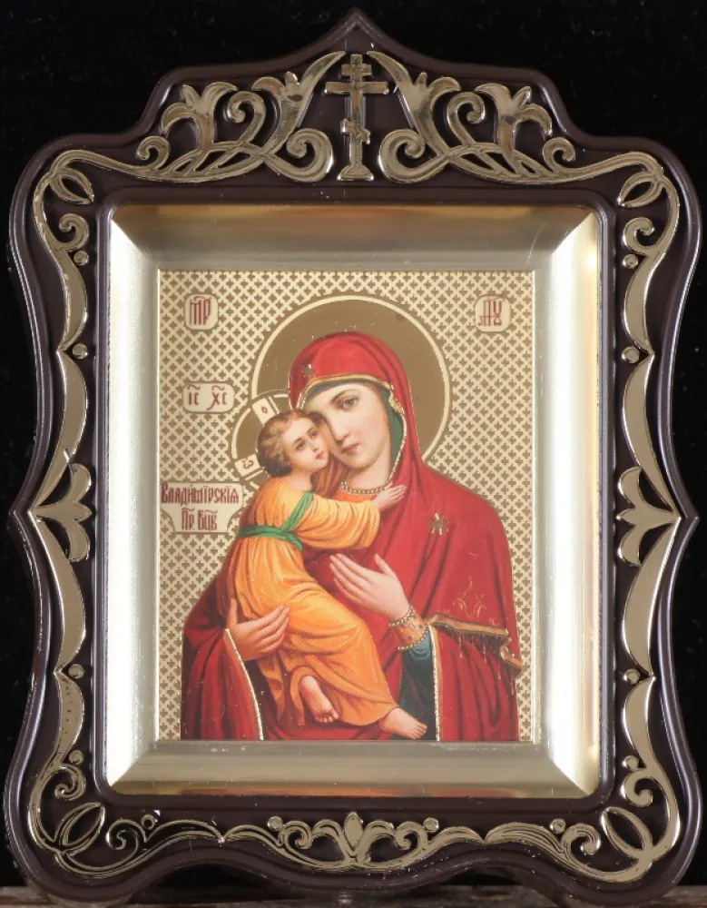 Icon in plastic frame icon case 6×7 carved brass-plated Vladimir Mother of God