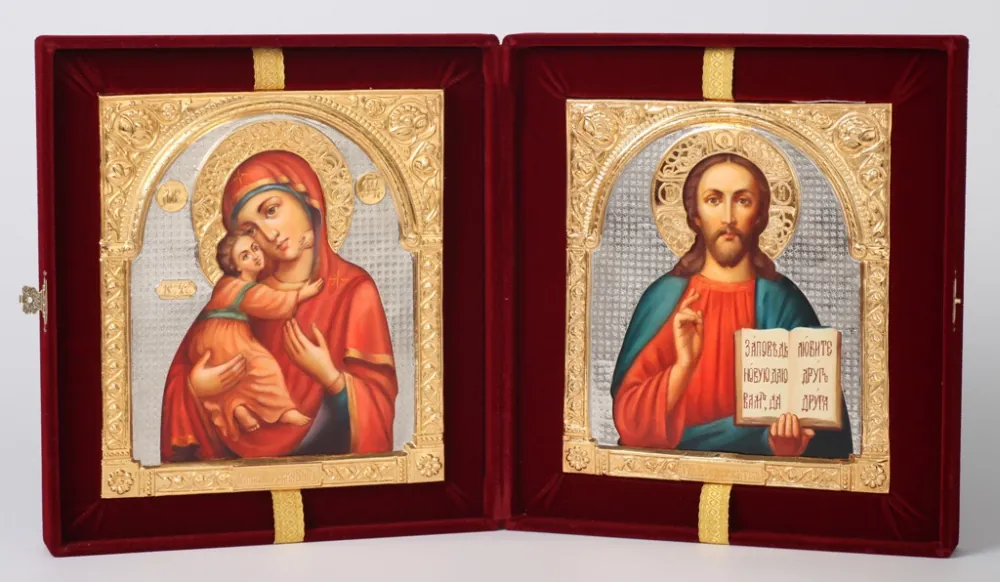 Painted folding icons in case 24×30 oil, riza covers №34, №46 (velvet) Saviour-Vladimir Mother of God