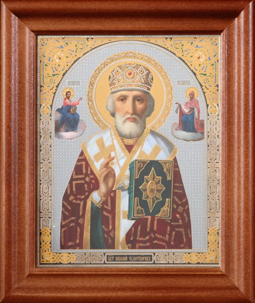 ხატი ხის ჩარჩოში №2 11×13 ორმაგი ტვიფრი ნიკოლოზ საკვირველთმოქმედი წინამდგომებით