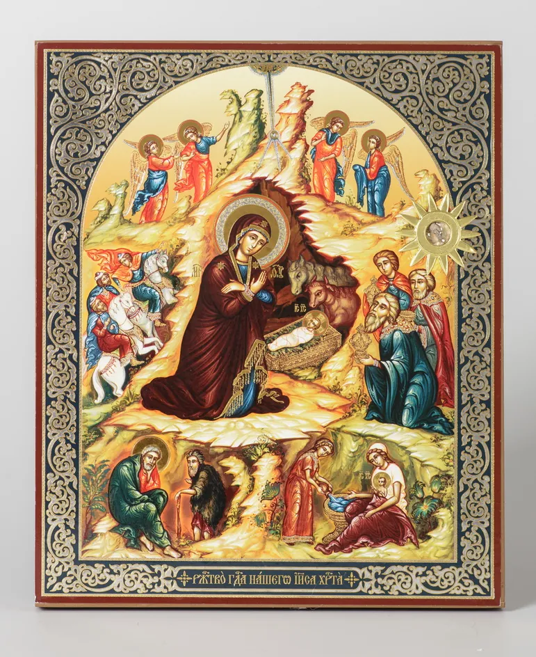 Icon on wooden panel 18×24 double embossing, chipboard, PVC, packaging Nativity of Christ 40