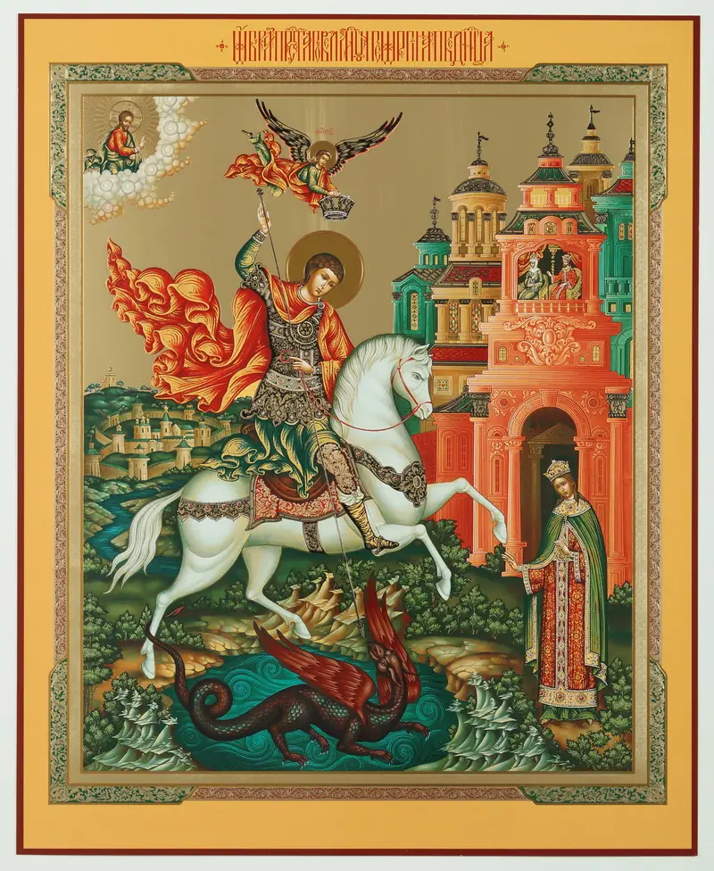 Icon on wooden panel 30×40 double embossing, chipboard, PVC Miracle of St George and the Dragon 01