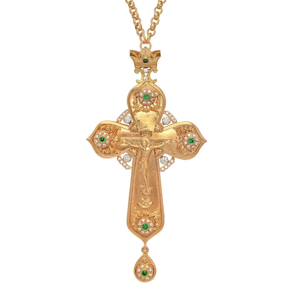 Pectoral cross №216 / cubic zirconia cast Crucifixion / gilding