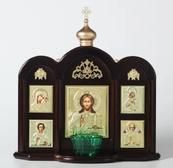 Wall icon case №1 with 5-icons and with a vigil lamp Saviour Kazan Vladimir Nicholas the Wonderworker Panteleimon