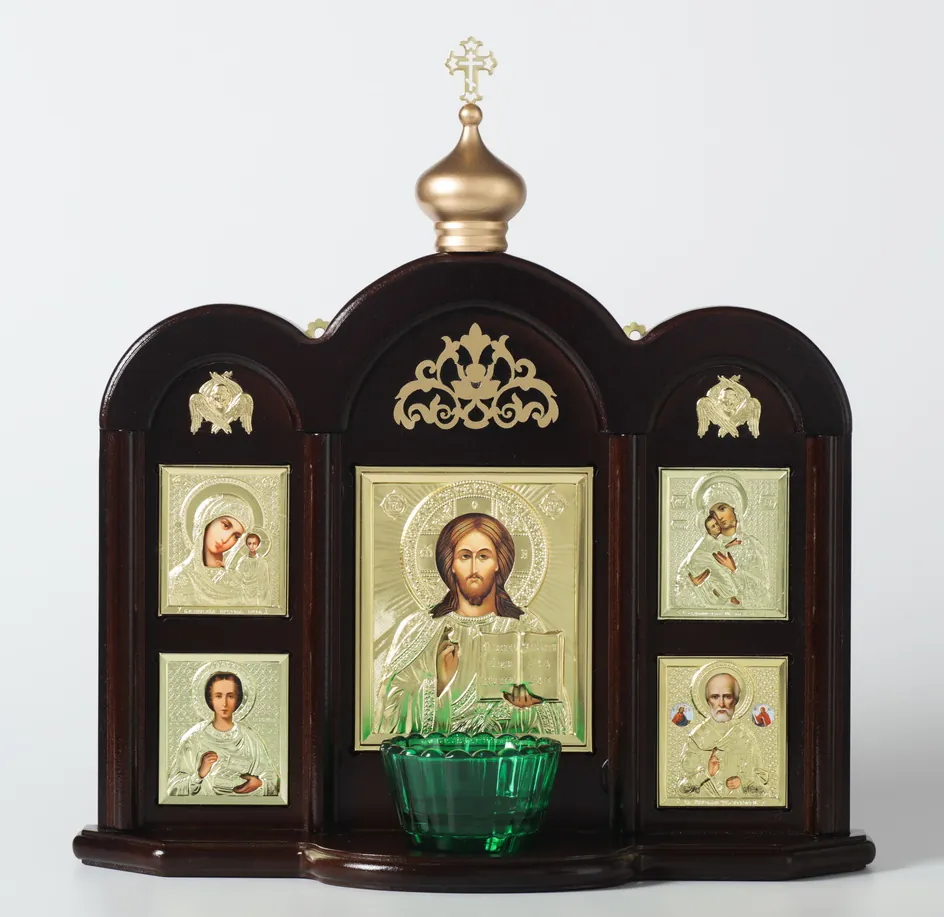 Wall icon case №1 with 5-icons and with a vigil lamp Saviour Kazan Vladimir Nicholas the Wonderworker Panteleimon