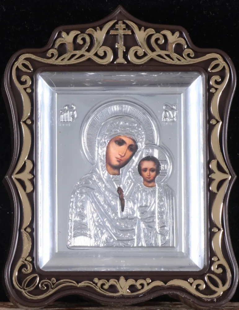 Icon in plastic frame icon case 6×7 carved metallised with riza Kazan Mother of God