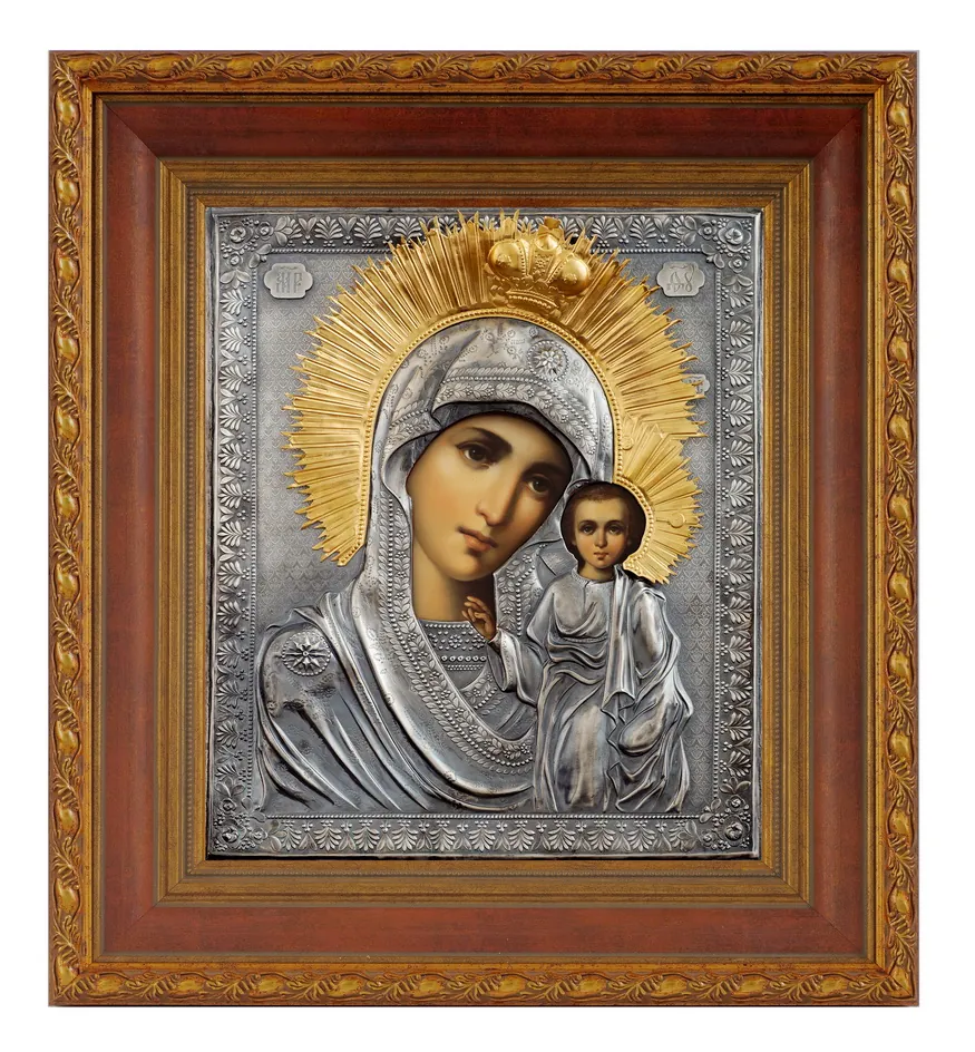 ფერწერული ხატი კიოტში 30×40 ზეთი, მოჭედილობა №180, გაშავებული მოვერცხლვა, კიოტი №22 ყაზანის ღვთისმშობელი