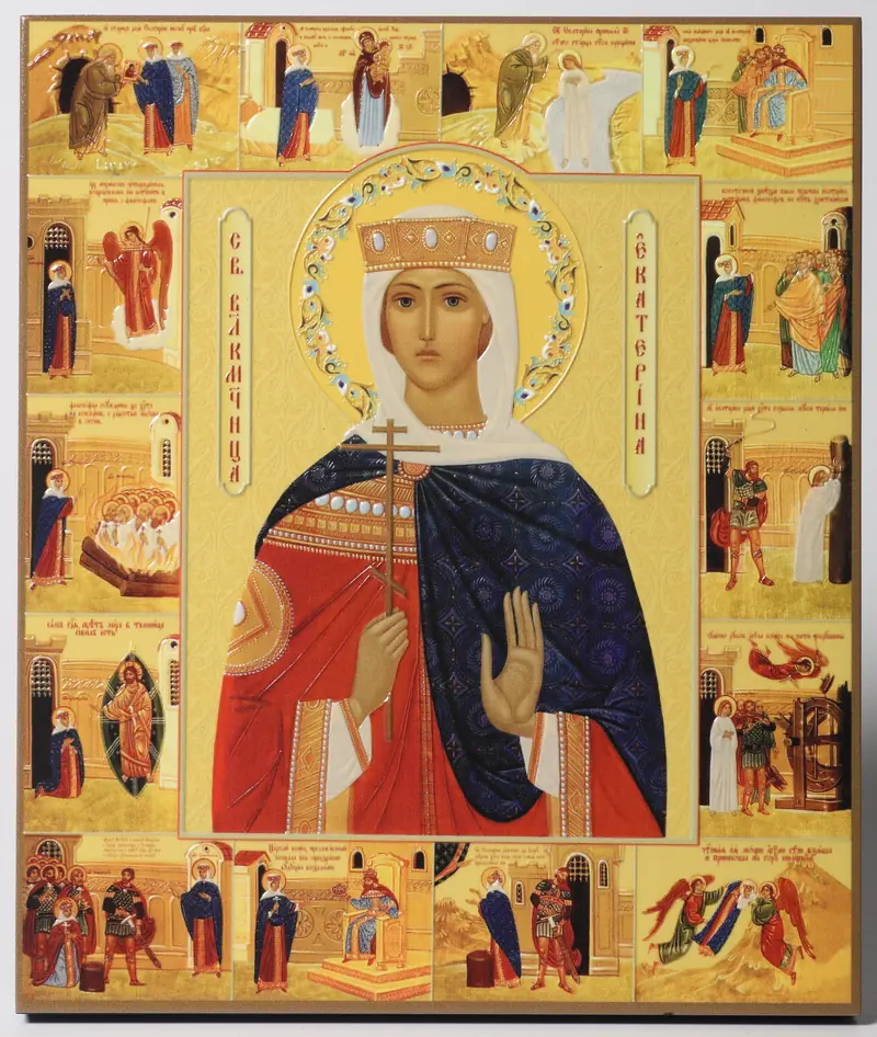 Icon on board 22×26 3D print, varnish Catherine with Life scenes