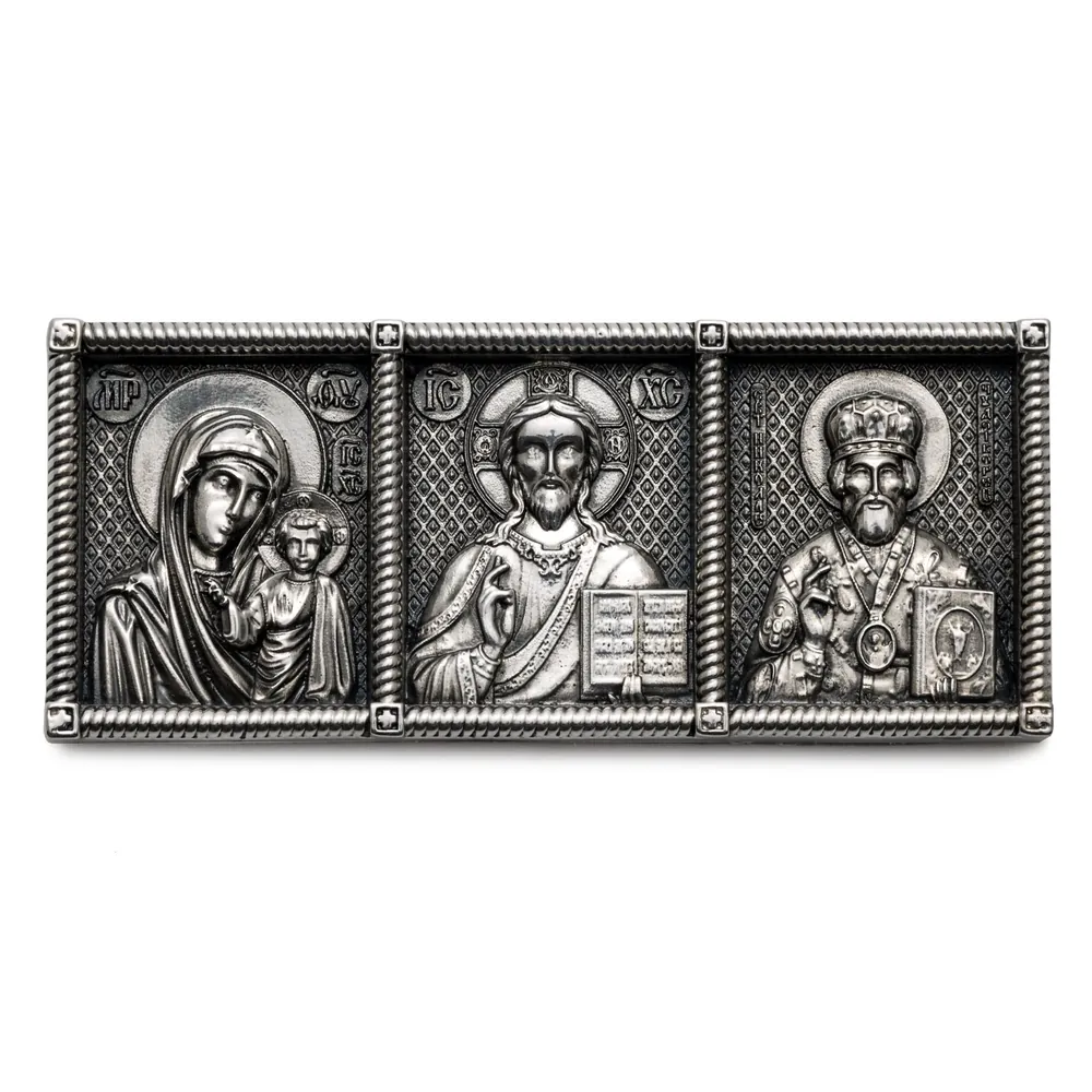 Икона автомобильная №3 / серебрение / Казанская Б.М.-Спаситель-Николай Чудотворец