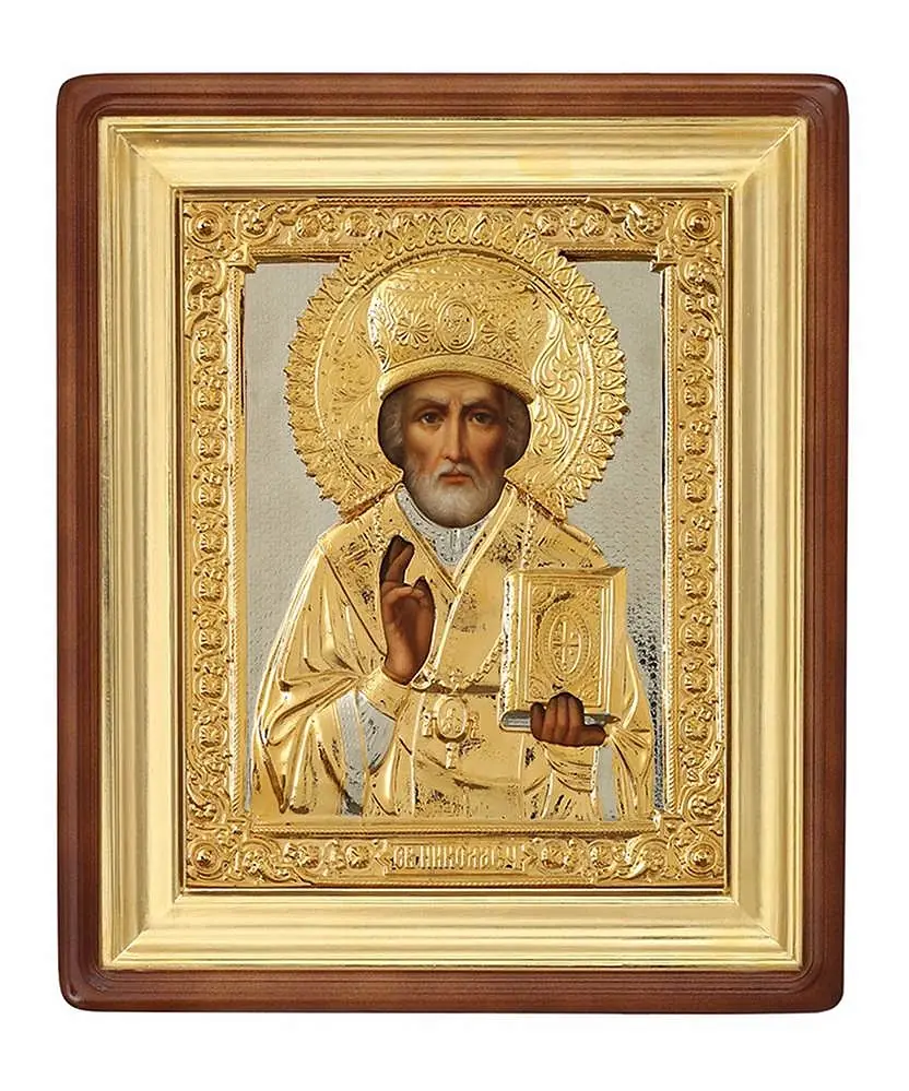 Painted icon in icon case 18×24 oil, riza cover №51, icon case №1 Nicholas the Wonderworker