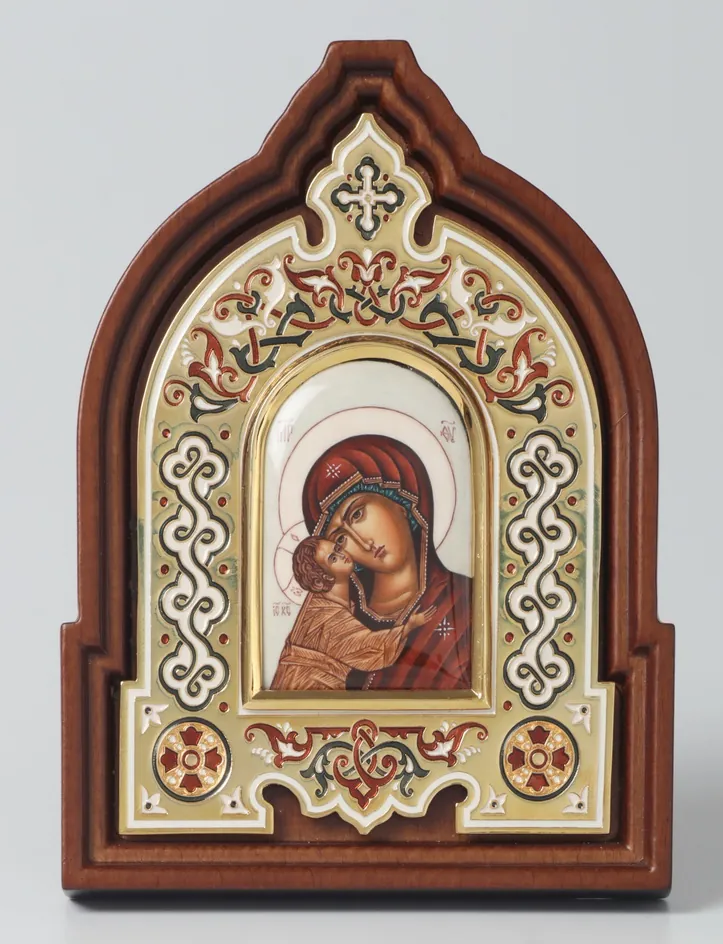 Name-day icon №6 enamel, enamel miniature, in wooden frame / gilding / Igor Mother of God