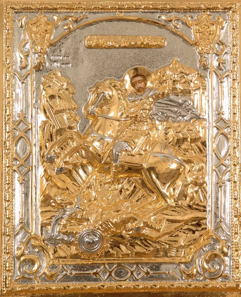 Painted icon of Great Martyr Demetrius of Thessalonica 18×24, oil, riza cover №79, gilding