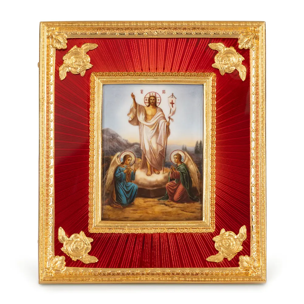Table icon №35 decal, enamel, guilloché, wooden frame / gilding / Resurrection of Christ