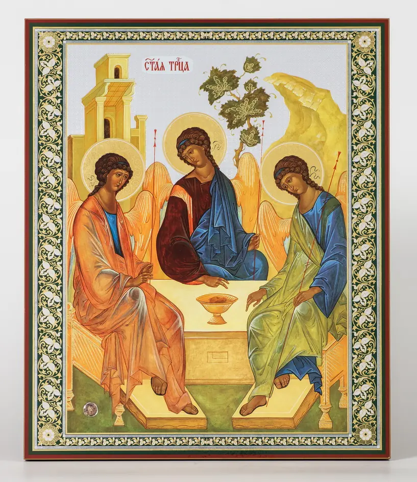 Икона на деревянном планшете 30х40 двойное тиснение, ДСП, ПВХ, БЗГ Троица (Рублевская)