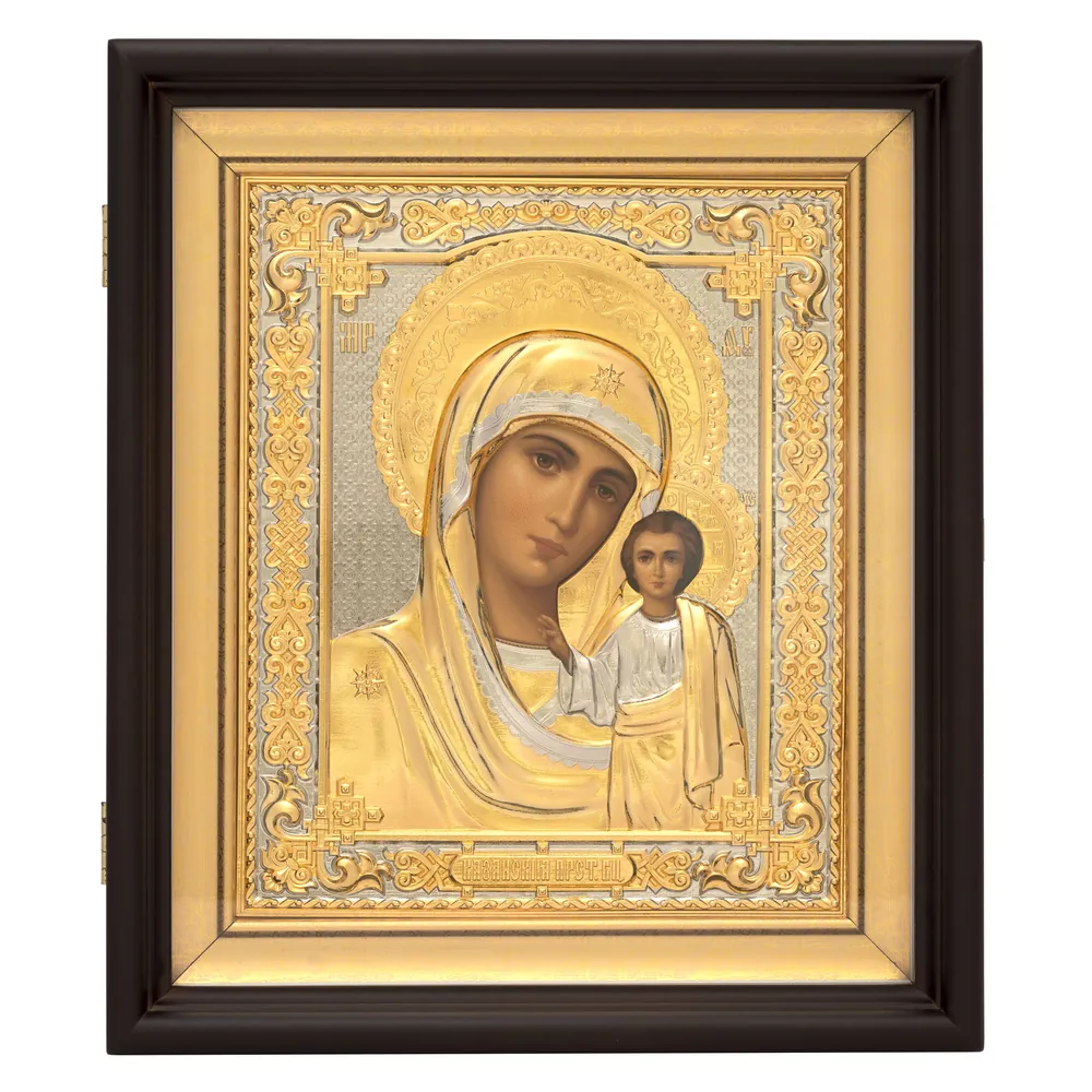 Икона живописная в киоте 18х24 темпера, риза №241 част / золочёная, багетный подрамник Казанская БМ