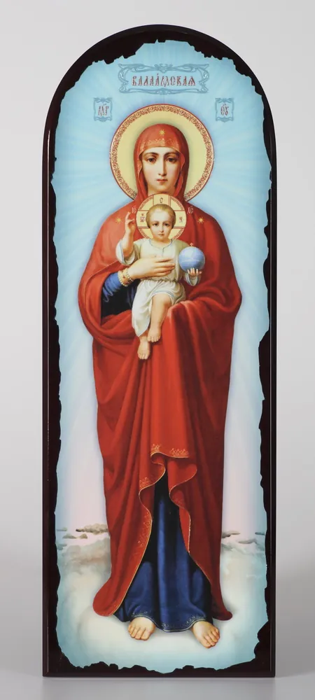 Icon on MDF 18×50 arched, 3D print, varnish Valaam Mother of God full-length on light-blue background
