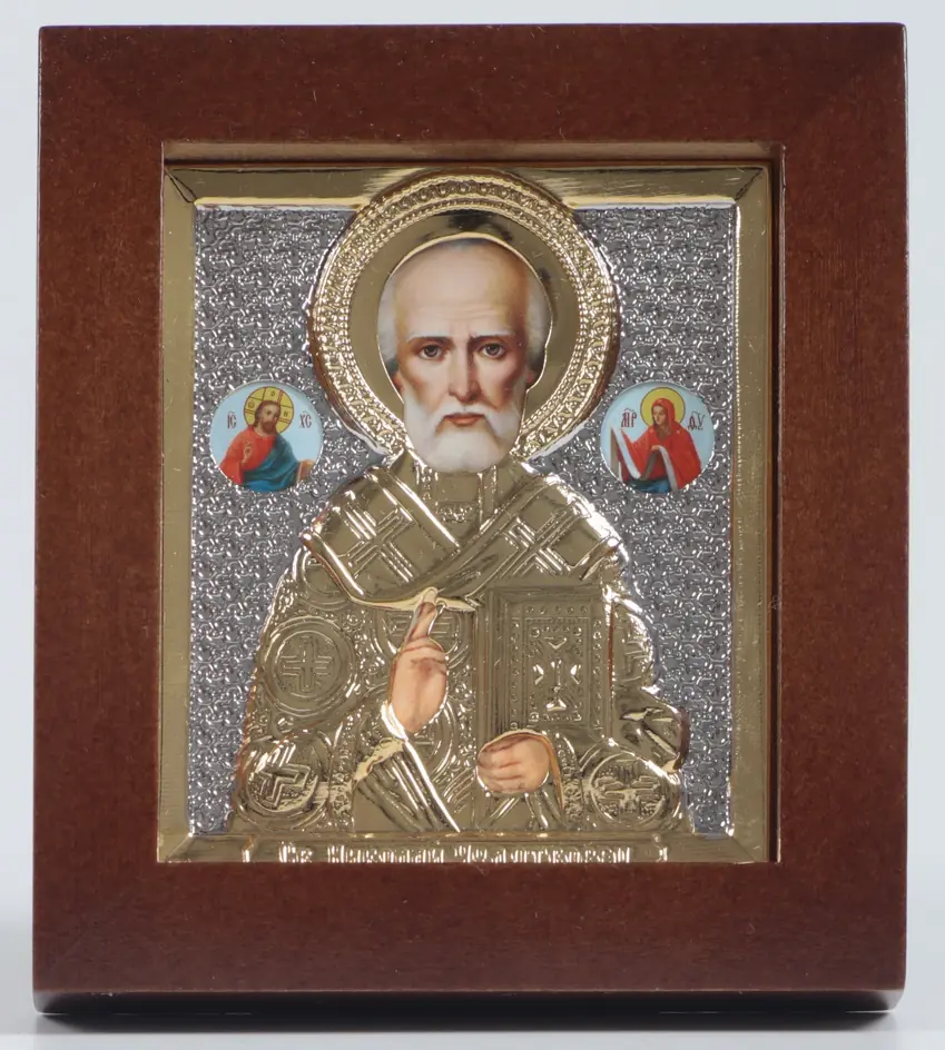 Icon in icon case 6×7 shaped №2 3D riza, partly gilded Nicholas the Wonderworker with attendant saints half-length