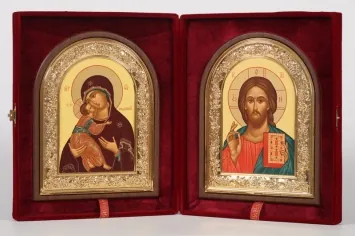Folding icon in case 18×24 velvet, tempera, arched, gilded frame Saviour-Vladimir Mother of God