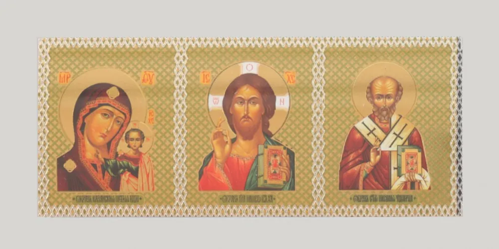 Icon in plastic frame icon 4×9 triple car Kazan-Saviour-Nicholas the Wonderworker