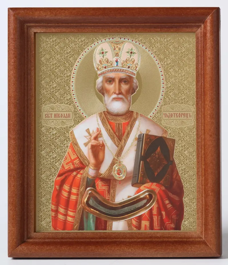 Икона в деревянной рамке №1 11х13 двойное тиснение, аннотация Николай Чудотворец (ковчег)