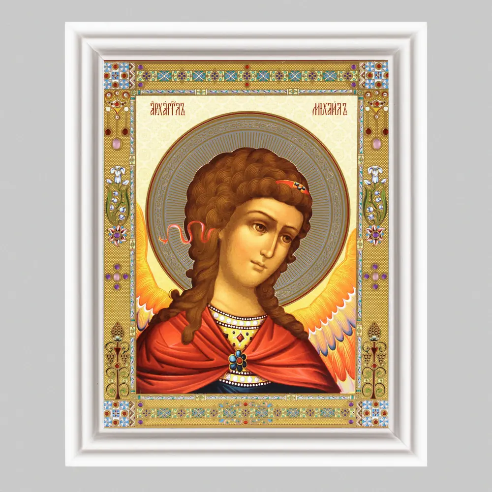 Icon in wooden frame №3 11×13 (white) double embossing Archangel Michael (shoulder-length)