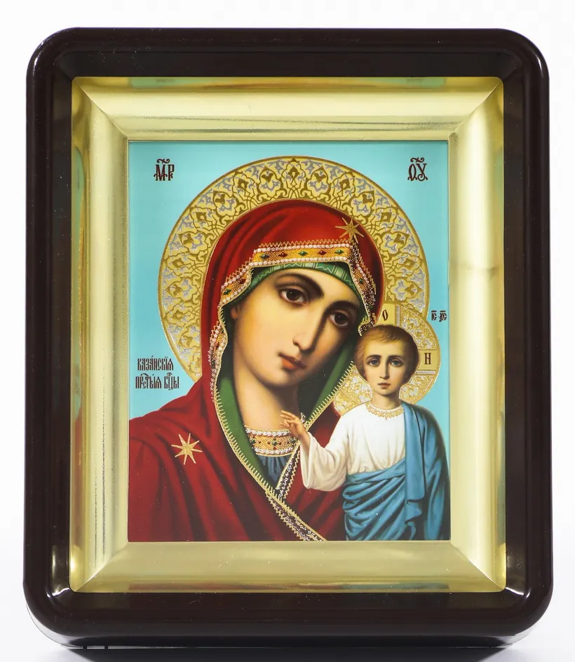 Икона в пластмассовой рамке Киот 11х13 латун. подрамник Казанская БМ 1