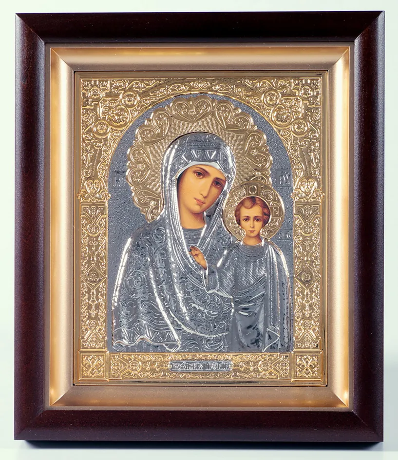 ხატი კიოტში 15×19 რთული, ტემპერა, მოცულობითი მოჭედილობა, ნიკელი, მოოქროვება ყაზანის ღვთისმშობელი 1