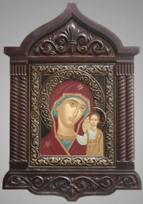 Icon in icon case 18×24 open tempera, patinated riza, finial Kazan Mother of God