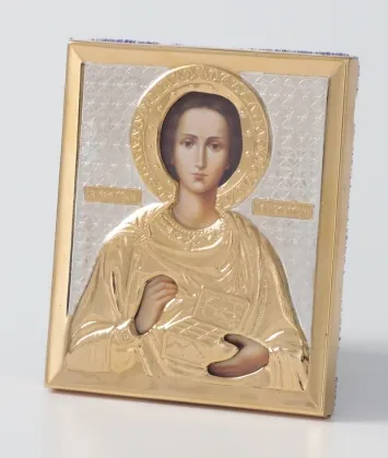 Stamped icon 6 * 7 / photo / gilding / silver Panteleimon