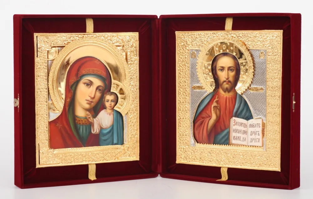 Painted folding icons in case 24×30 oil, riza covers №7, №36 (velvet) Saviour-Kazan Mother of God