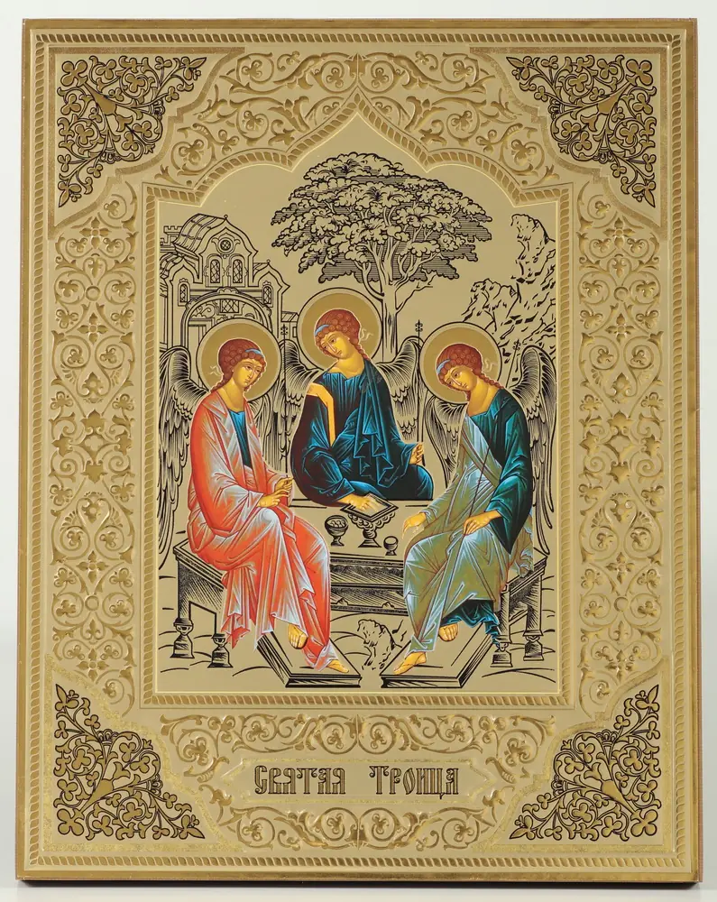 Icon on wooden panel 21×32 chipboard blind embossing, packaging Trinity (Rublev)