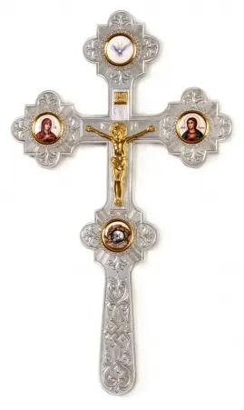 Altar cross №7 4-enamel miniatures, Crucifixion, engraving / gilding / silver
