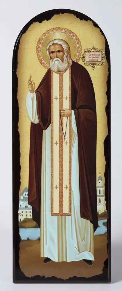 Icon on MDF 18×50 arched, 3D print, varnish Seraphim of Sarov