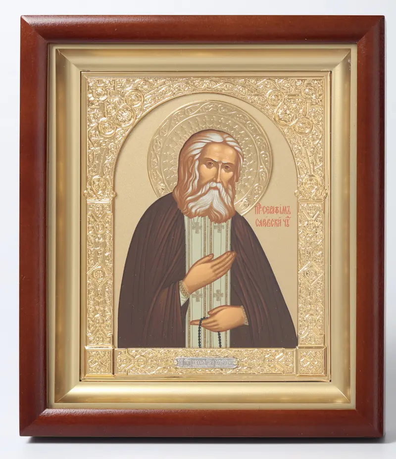 ხატი კიოტში 15×19 რთული, ტემპერა, გვირგვინი, ფიგურული ჩარჩო, მოოქროვილი სერაფიმე საროველი (ოქროსფერი ფონი)