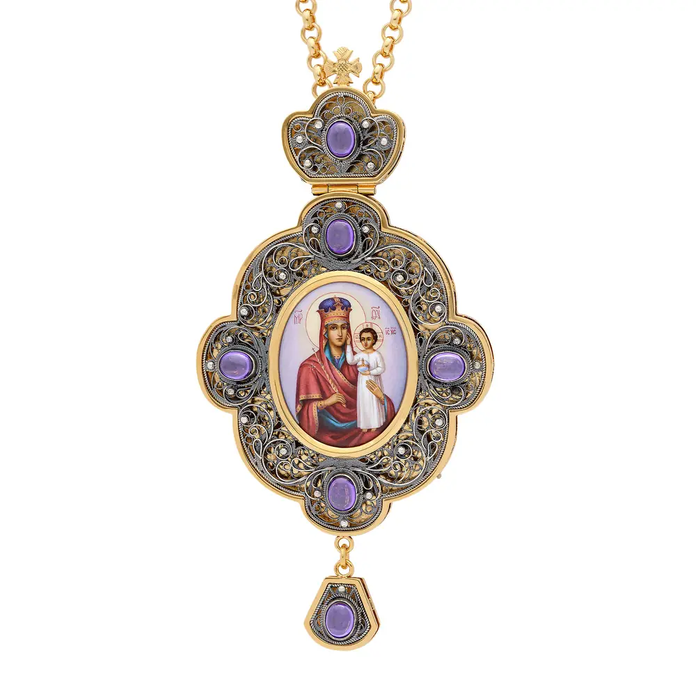 Panagia filigree №0018 / cubic zirconia double rim enamel miniature / gilding, silver plating / Look Down on Humility