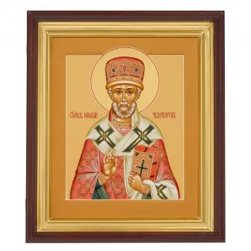 Painted icon on board in icon case 30×40 tempera, gilded halo, recessed field, icon case №1 Nicholas the Wonderworker, 05006