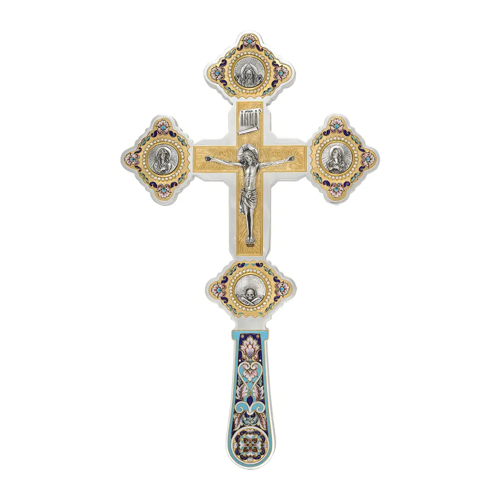 Altar cross №19 cast images, Crucifixion, filigree, enamel, painting, engraving / gilding / silver