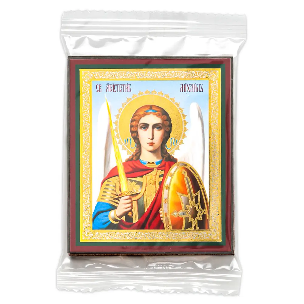 Icon on wooden panel 6×9 double embossing, annotation, packaging Archangel Michael (half-length)