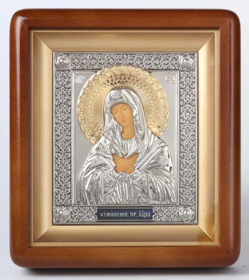 Icon in icon case 11×13 shaped, tempera, riza cover, nickel, enamel Tenderness Mother of God