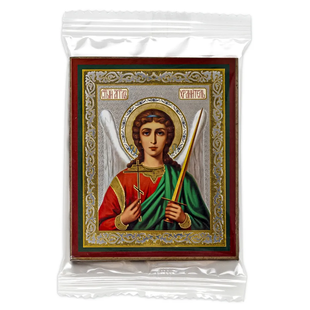 Icon on wooden panel 6×9 double embossing, annotation, packaging Guardian Angel (half-length)