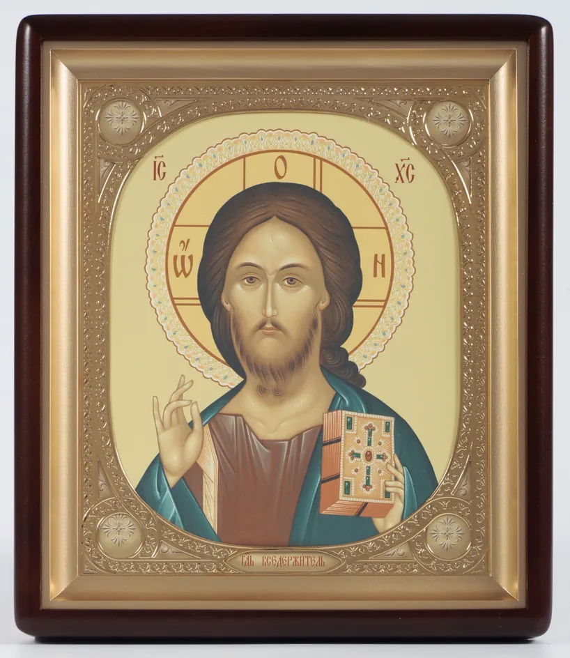 Icon in icon case 24×30 shaped, canvas, oval frame gilded of the Saviour
