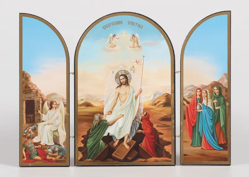 Wooden folding icons 18×24 three-leaf, double embossing, arched, in packaging Resurrection of Christ 5