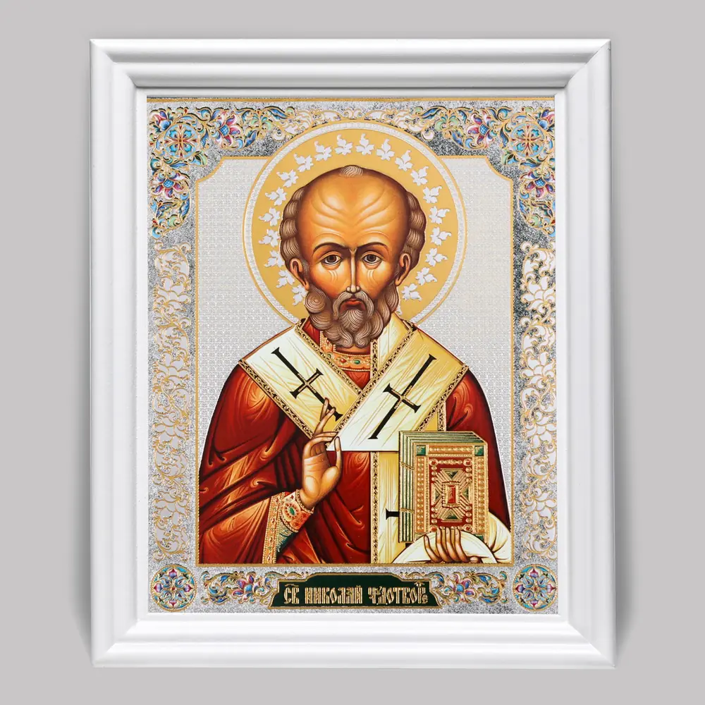 Icon in wooden frame №3 11×13 (white) double embossing Nicholas the Wonderworker 10