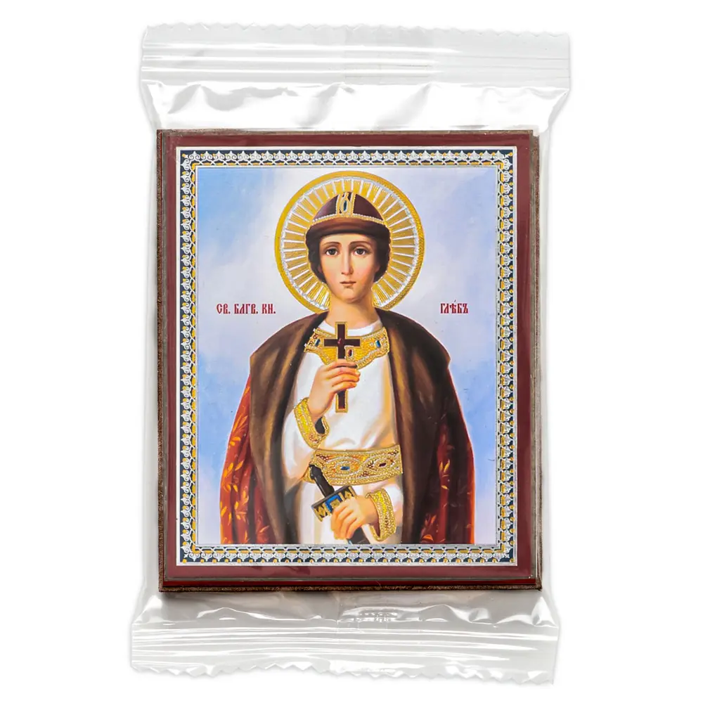 Icon on wooden panel 6×9 double embossing, annotation, packaging Gleb, Right-believing Prince 3