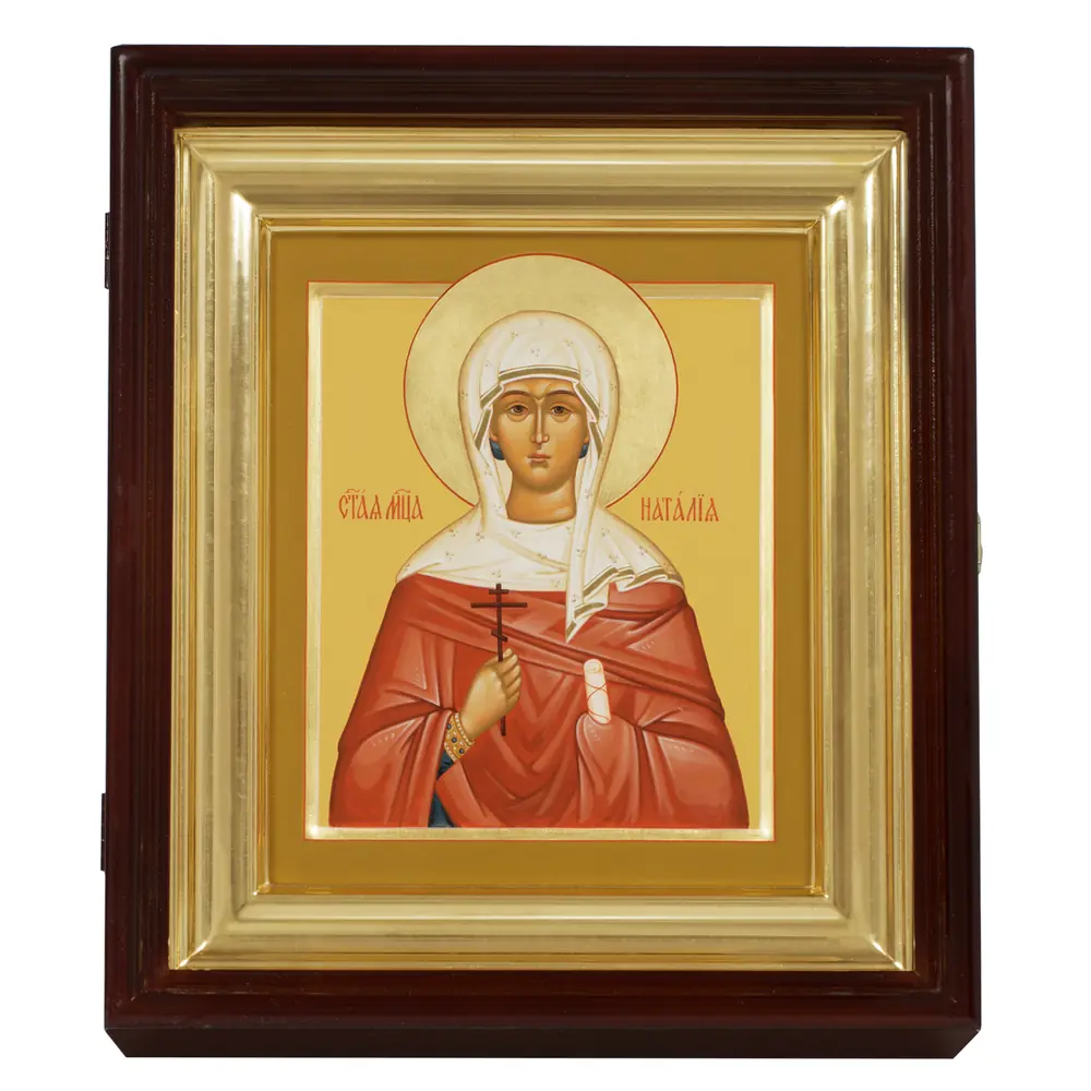 Painted icon on board in icon case 18×24 tempera, gilded halo, recessed field, icon case №1 Natalia, 05730