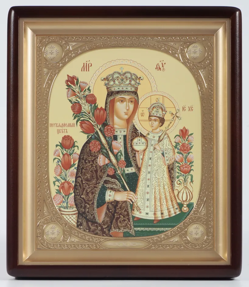Икона в киоте 24х30 фигурный, канвас, рамка овальная золочёная Заказной лик